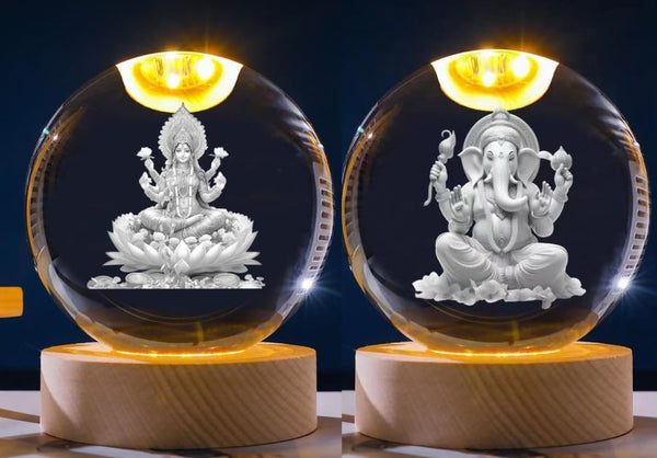 3D Galaxy Crystal Ball Night Lamp, USB Table Colorful Led Wooden Crystal Ball Pack of 2 (Ganesh Ji Laxmi Ji)