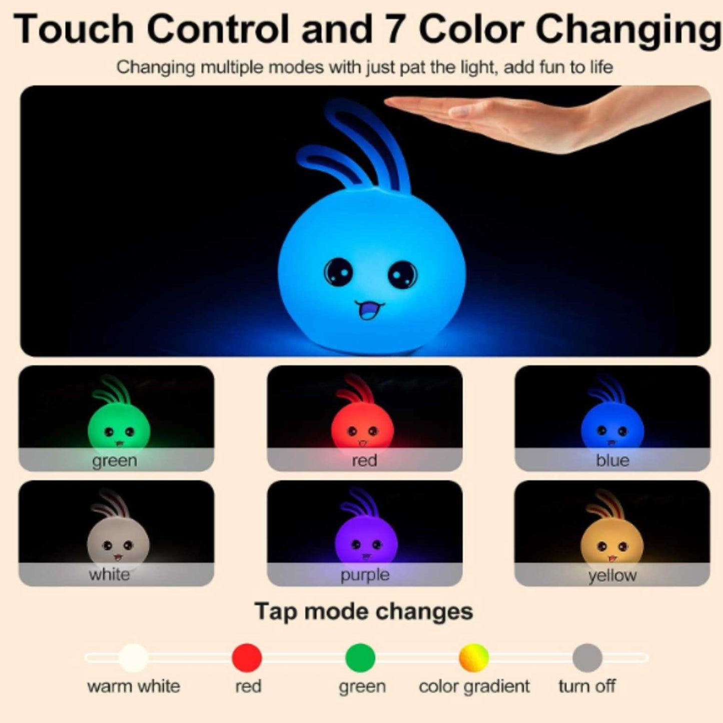 Cute LED Rabbit Lamp, Silicone Dimmable Nursery Nightlight for Kids