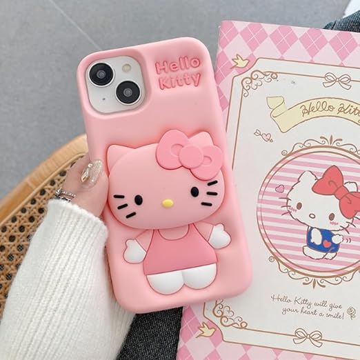 Soft Silicone 3D Cartoon Case Compatible with iPhone 13 & iPhone 14 (Pink Cat)
