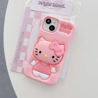 Soft Silicone 3D Cartoon Case Compatible with iPhone 13 & iPhone 14 (Pink Cat)