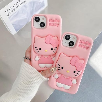 Soft Silicone 3D Cartoon Case Compatible with iPhone 13 & iPhone 14 (Pink Cat)