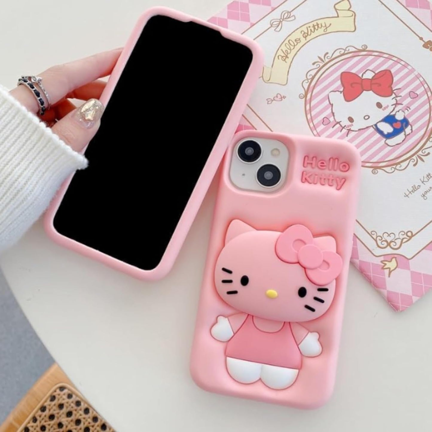Soft Silicone 3D Cartoon Case Compatible with iPhone 13 & iPhone 14 (Pink Cat)
